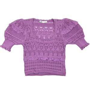 Zara Pointelle Knit Crochet Sweater Top Puff Ruffle Sleeve Lavender S Coquette